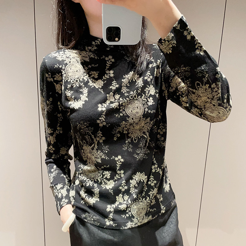 2025秋冬女士洋气黑金繁花绵羊毛上衣时尚百搭半高领显瘦打底衫