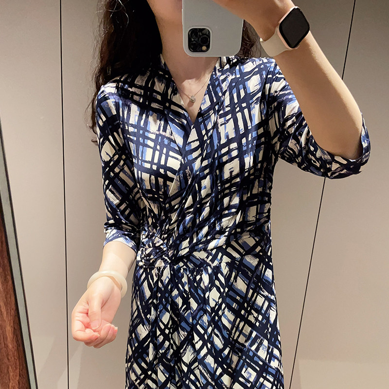 时尚叠领蓝色线条真丝针织连衣裙设计感纽结舒适凉感桑蚕丝裙子
