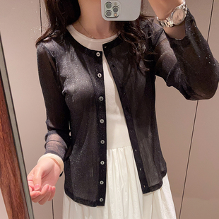 春夏新品黑色圆领真丝针织网眼长袖开衫高级感百搭轻薄桑蚕丝外套