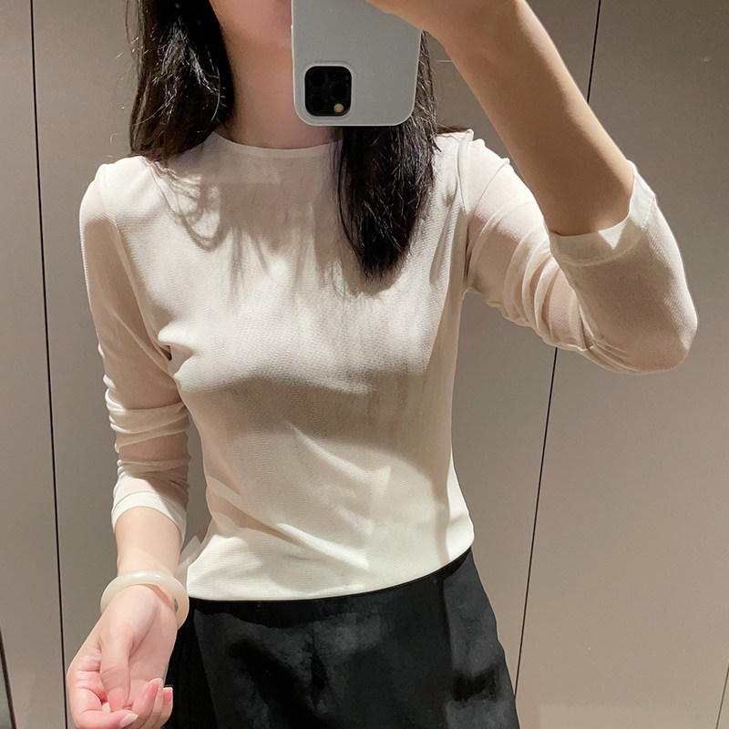 圆领白色真丝网眼针织长袖女上衣