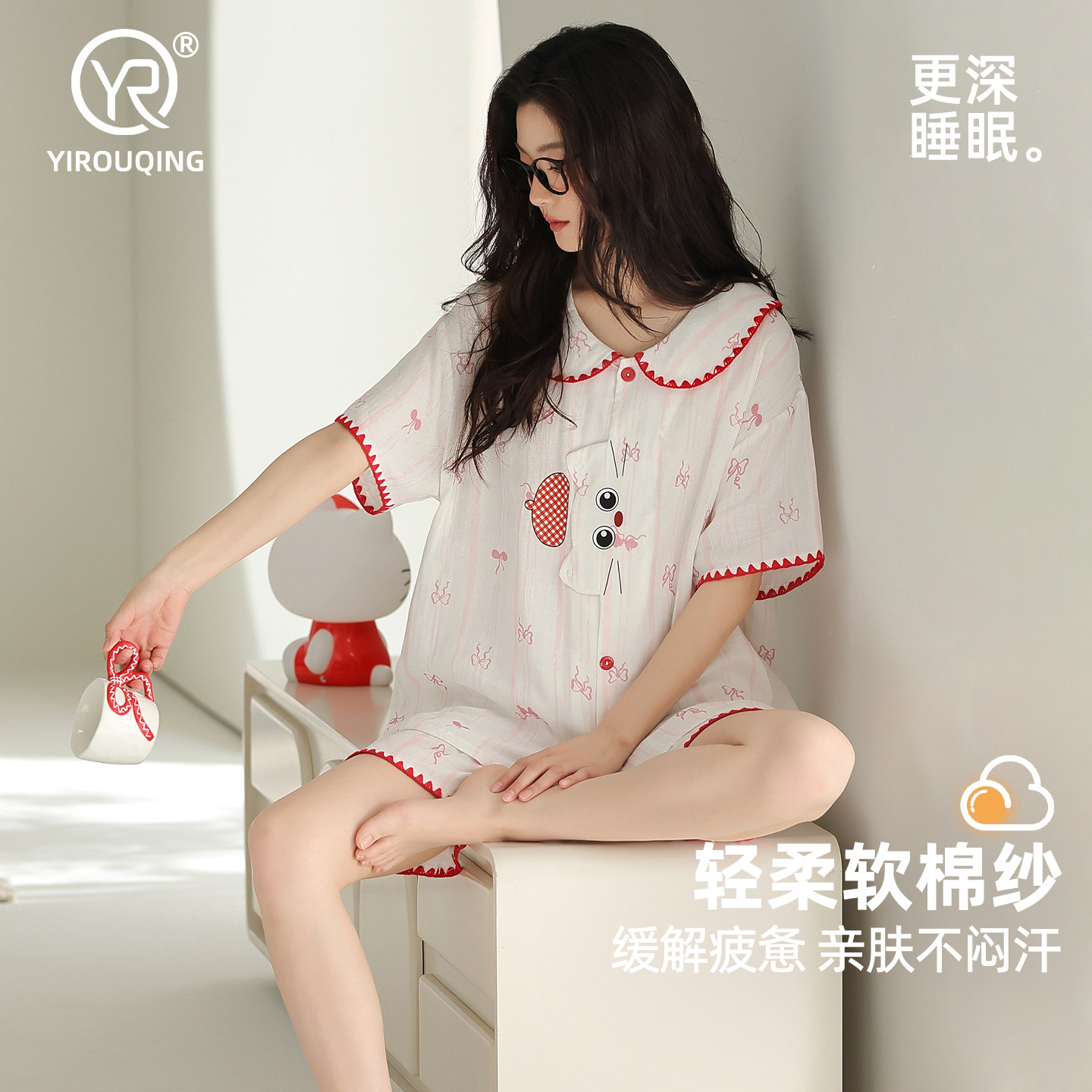 伊柔情【呼吸棉】睡衣女夏季双层棉纱纯棉短袖卡通可爱小猫家居服