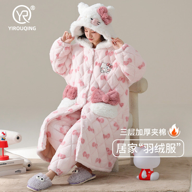 睡衣女冬季秋冬款三层夹棉珊瑚绒粉色猫咪睡袍加绒加厚保暖家居服