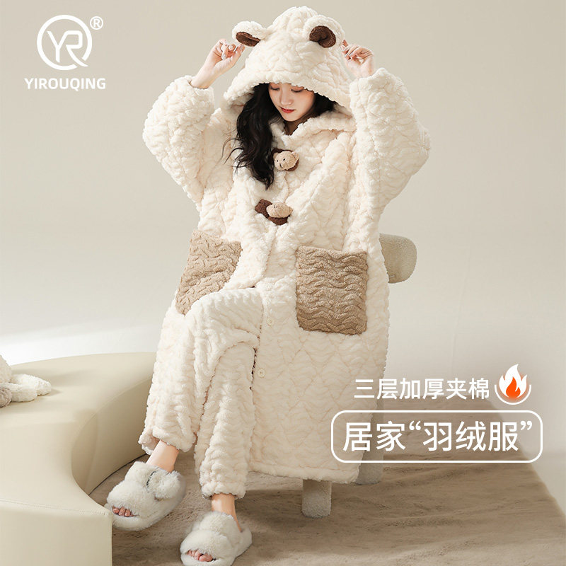 睡衣女冬季秋冬款三层夹棉珊瑚绒睡袍加绒加厚保暖家居服2026新款