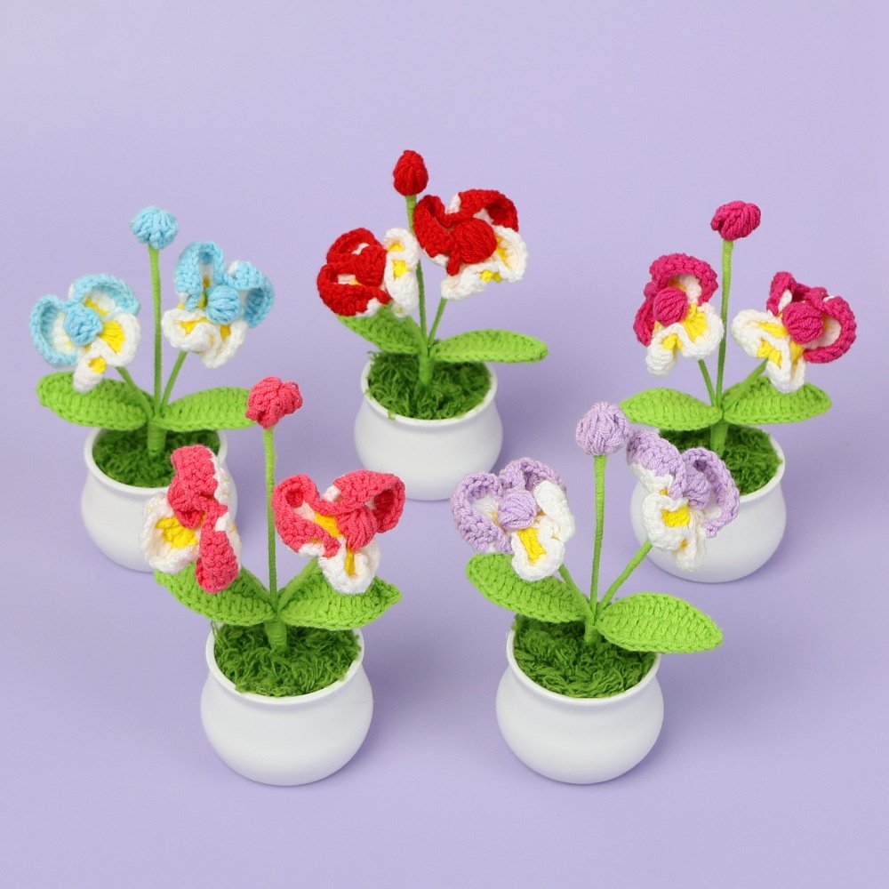 幸福来临成品手工跨境钩织蝴蝶兰仿真花盆栽迷你车载桌面假花摆件