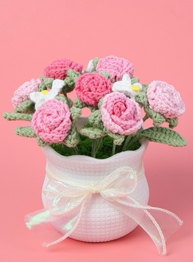 成品跨境手工毛线钩织玫瑰花小盆栽雪菲线仿真花女生生日礼物摆件