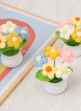 跨境手工成品毛线仿真泡芙花小盆栽diy车载桌面摆件老师同学礼物