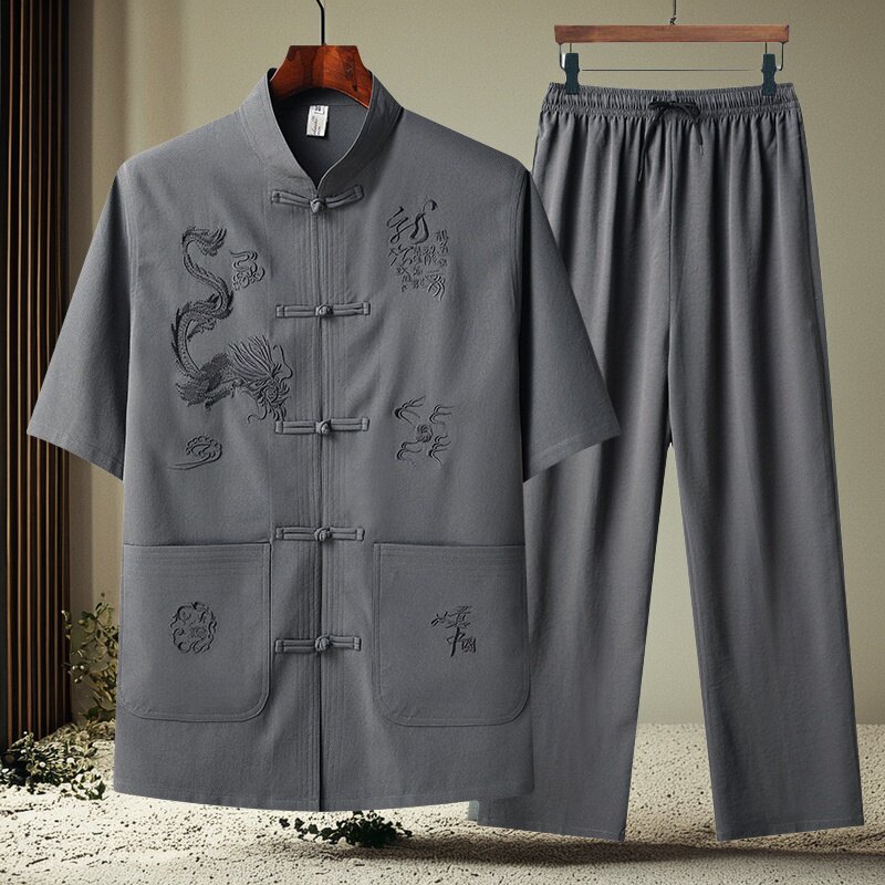 唐装男冰丝短袖套装爸爸装夏装中国风衣服中老年男装两件套太极服