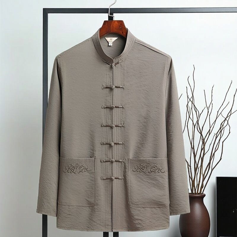 中老年人唐装男长袖衬衫上衣爸爸春夏装中式太极服汉服秋季爷爷装