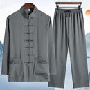 薄長袖 男漢服 中老年人爸爸裝 唐裝 春夏季 冰絲套裝 中國風(fēng)男套裝 襯衫