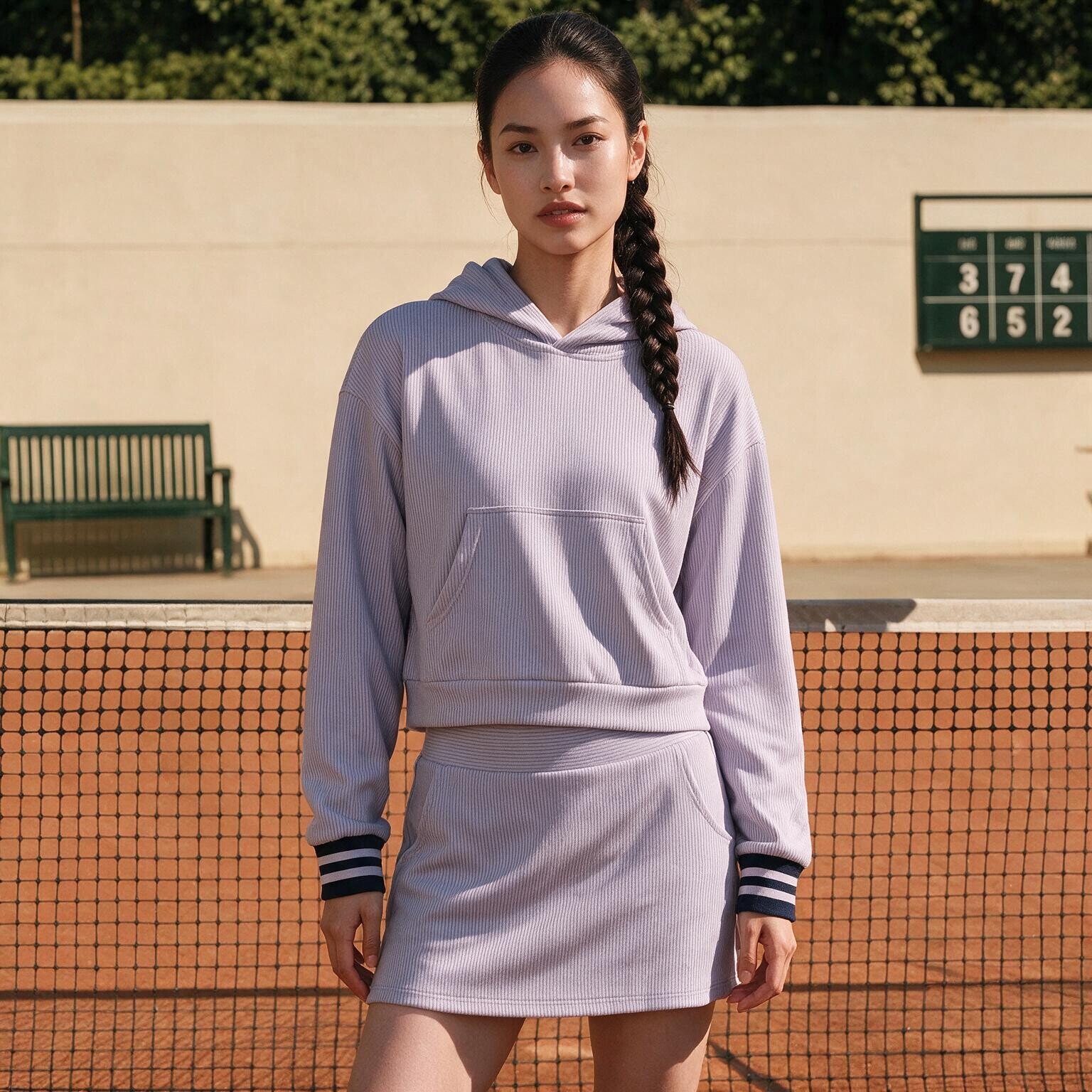 2026秋冬条纹连帽卫衣套装女短款撞色袖口高腰短裙两件套网球服