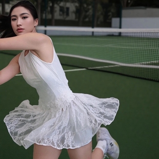 网球服女蕾丝网球裙羽毛球裙速干健身运动连衣裙镂空美背健身服女