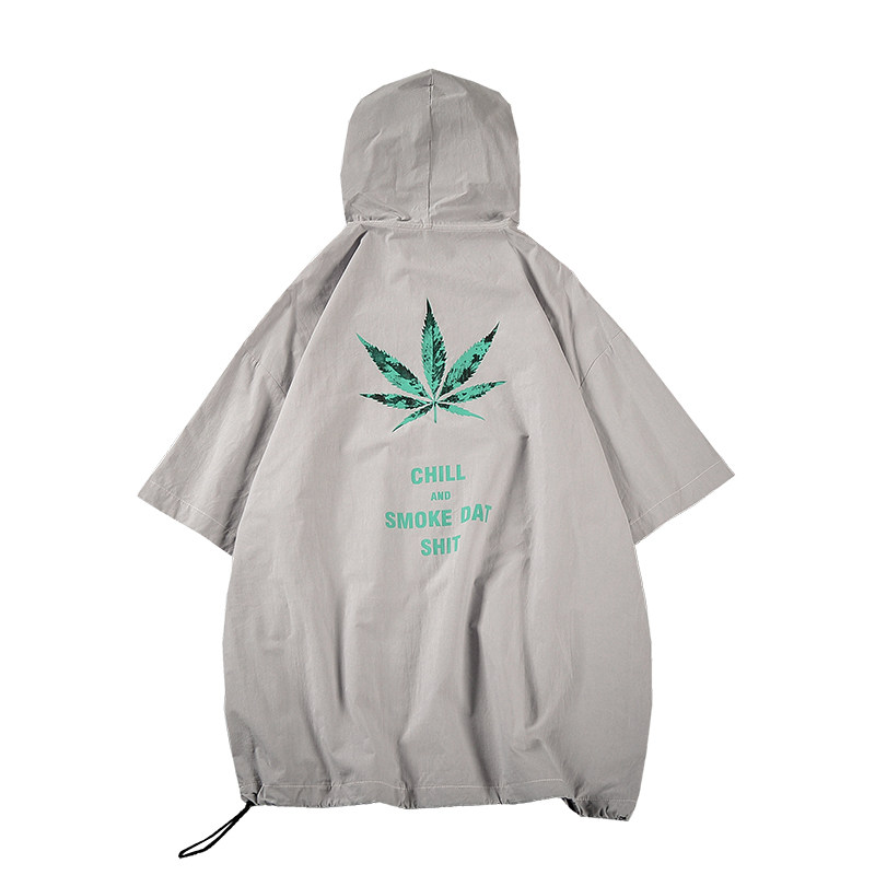 日系黑墙情侣短袖树叶印花连帽男士半袖外套短袖T恤衫/T55-P45,男装T恤,电商A020