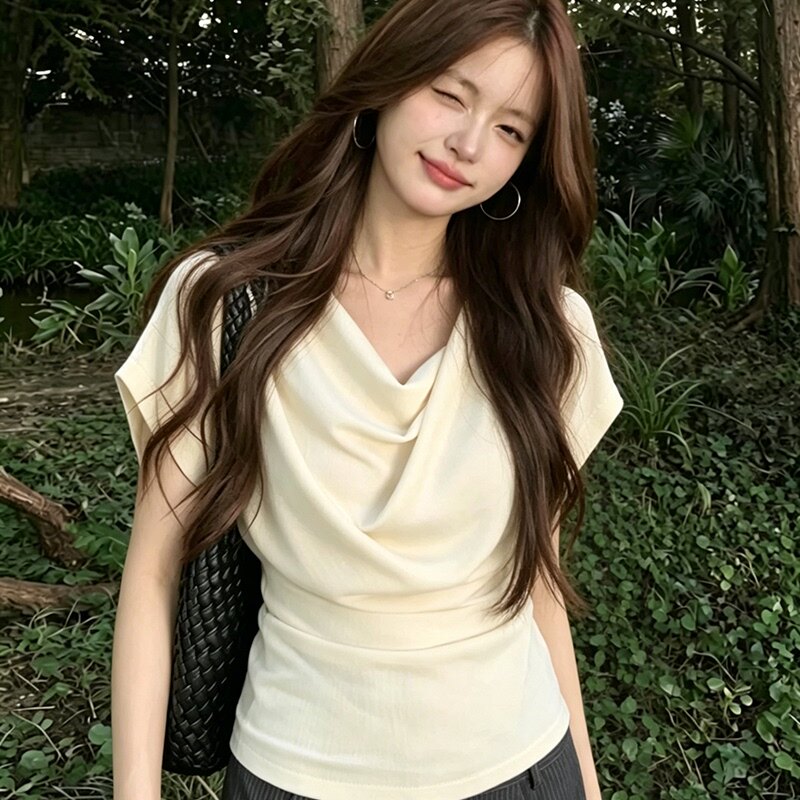 法式白色垂折领荡领短袖T恤女夏季收腰显瘦修身通勤百搭气质上衣