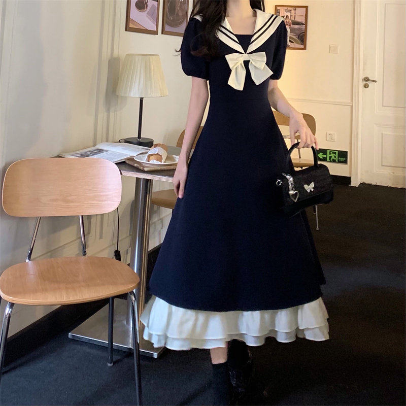 法式甜美减龄海军领学院风洋装夏装大尺码胖mm遮肚显瘦长裙子