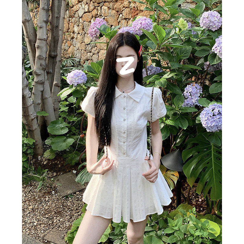 学院风白色泡泡袖t衬衫洋装子女夏季法式气质小个子收腰甜美短裙