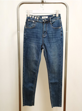 ZD9016 蓝色高腰弹力牛仔小脚裤女 2022冬季抓绒新款jeans