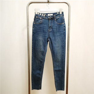 ZD9016 蓝色高腰弹力牛仔小脚裤女 2022冬季抓绒新款jeans