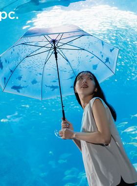 wpc水族馆透明长柄手动雨伞女生高颜值加大加厚加固折叠小巧便携