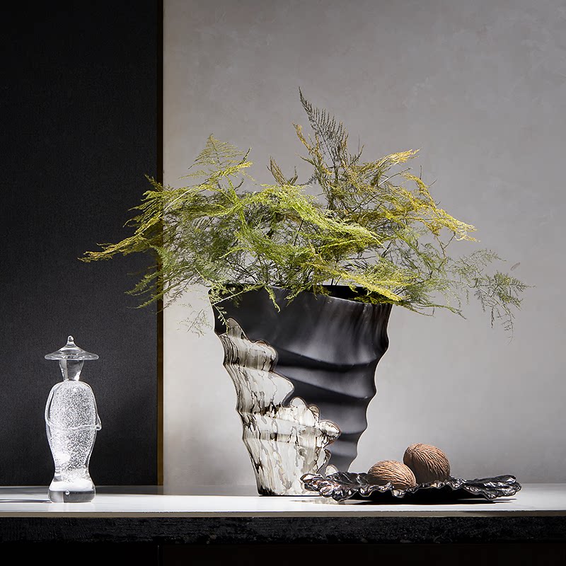 螺旋纹大口径花瓶禅意新中式客厅插花陶瓷艺术花器样板间茶几摆件