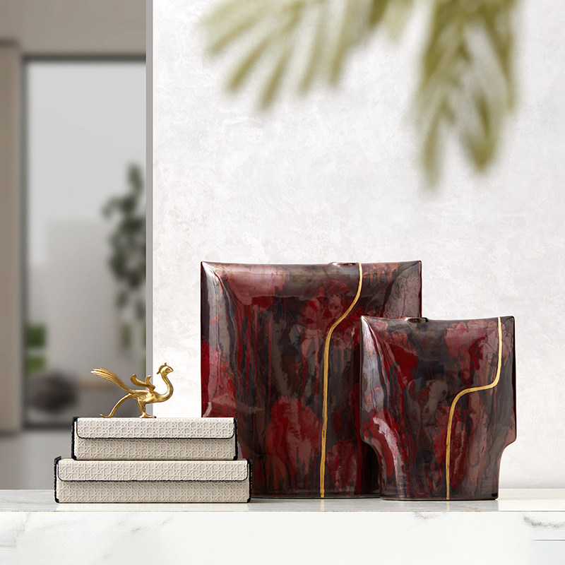 斑红色陶瓷花瓶中式客厅样板间电视柜装饰茶几首饰盒摆件组花器,家居饰品,花瓶,淘宝优惠券,粉丝福利购,淘宝优惠卷