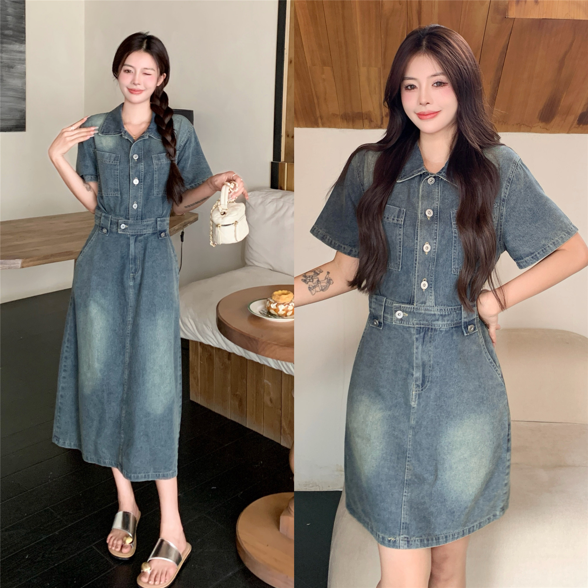 大码女装夏季设计感显瘦短袖牛仔连衣裙胖mm闺蜜装收腰中长款裙子