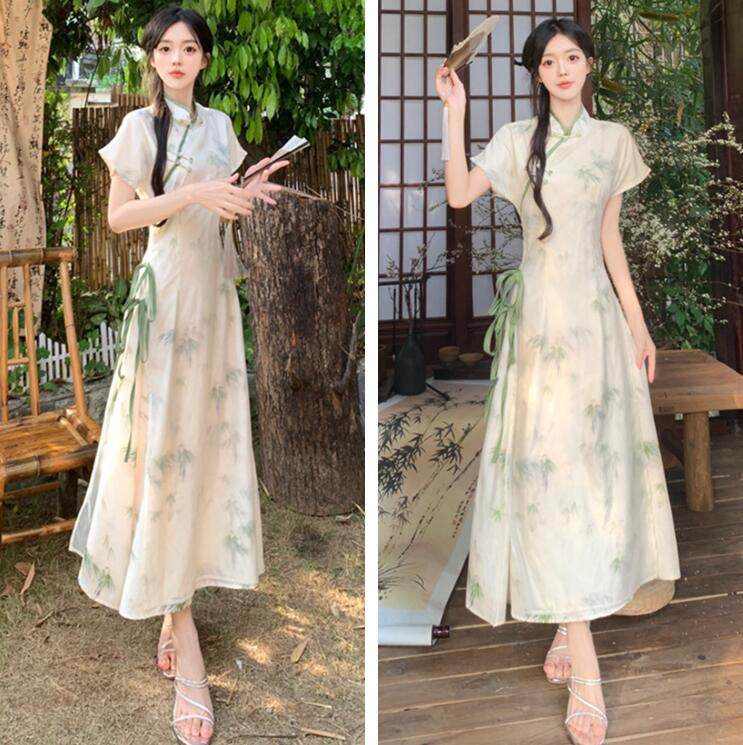 新中式国风少女绿色旗袍连衣裙子