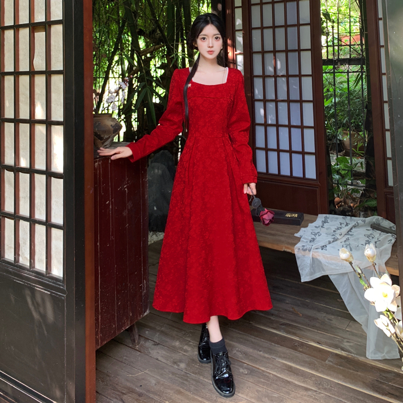 大码高级提花酒红色长袖敬酒服裙春秋胖mm气质宴会订婚礼服连衣裙