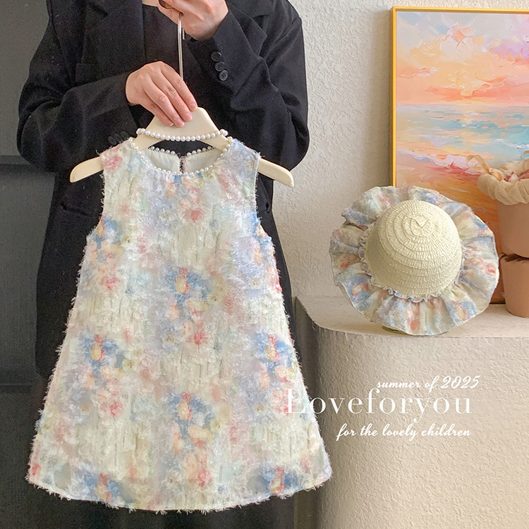 女童連衣裙夏季2025新款洋氣時髦碎花背心裙韓版休閑郁金香送帽潮