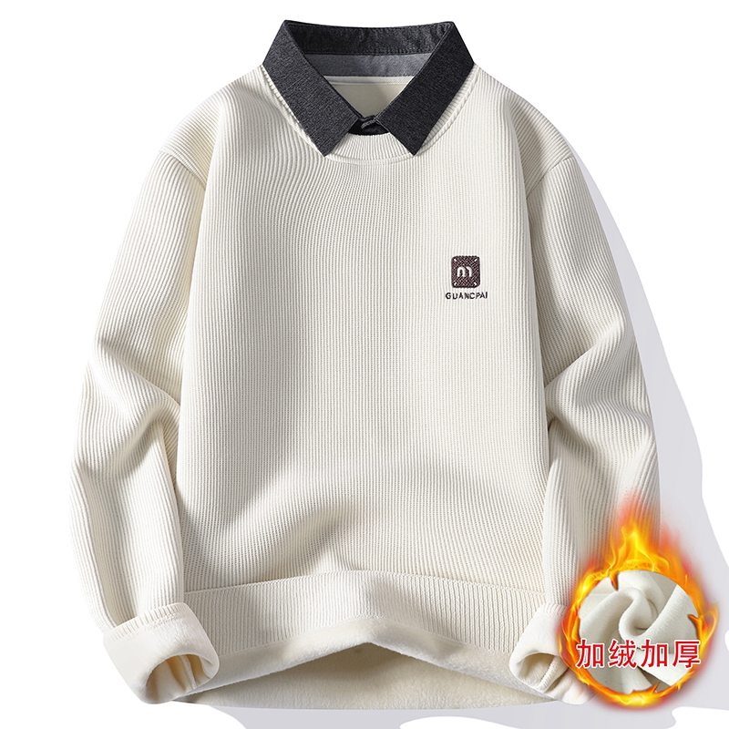 男士翻领毛衣假两件加绒加厚保暖