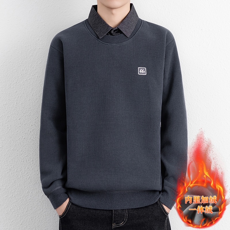 假两件衬衫领针织衫加绒加厚毛衣