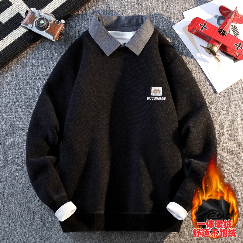 假两件衬衫领针织衫男加厚保暖