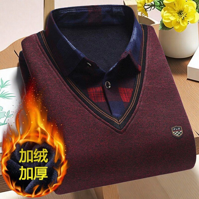 男士加绒加厚假两件毛衣