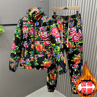 复古牡丹花加厚保暖棉衣裤 2025新款 男女情侣装 东北大花套装 潮冬季