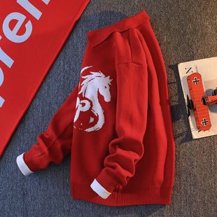 红色翻领慵懒风宽松毛衣男青少年本命年马图案针织衫保暖潮流上衣