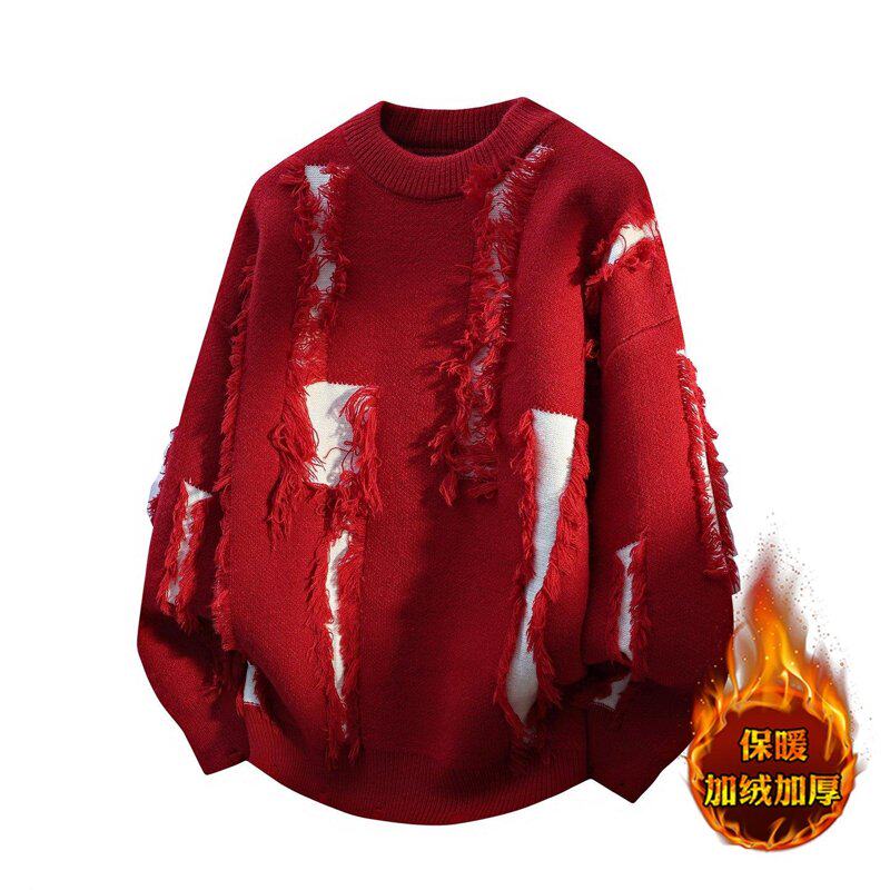 高街破洞流苏加绒加厚男士毛衣