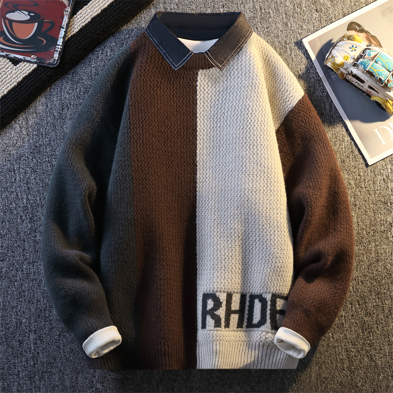 撞色圆领毛衣男宽松百搭潮流