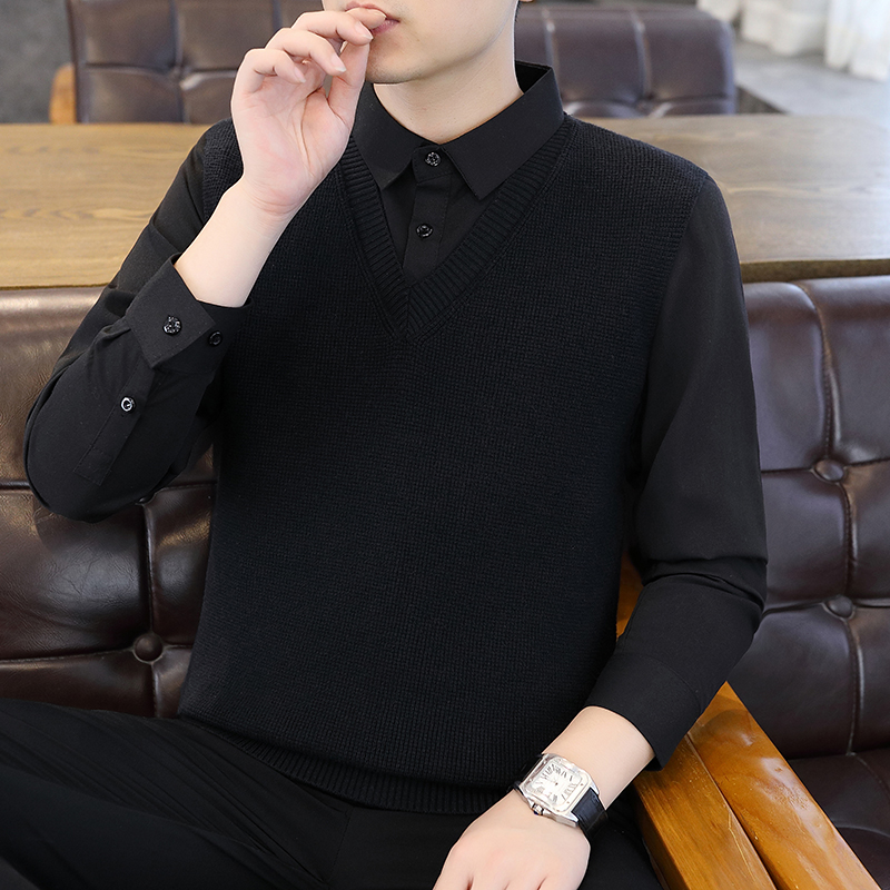 假两件衬衫领针织衫男黑色修身