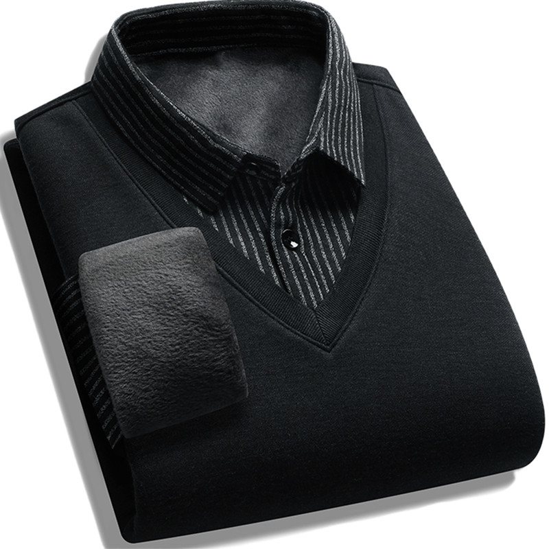 男士加绒加厚衬衫领毛衣