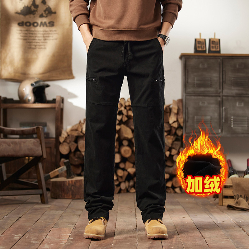 新款简约百搭美式工装风加绒休闲裤男黑色宽松直筒多口袋舒适长裤,男装,休闲裤,淘宝优惠券,粉丝福利购,淘宝优惠卷
