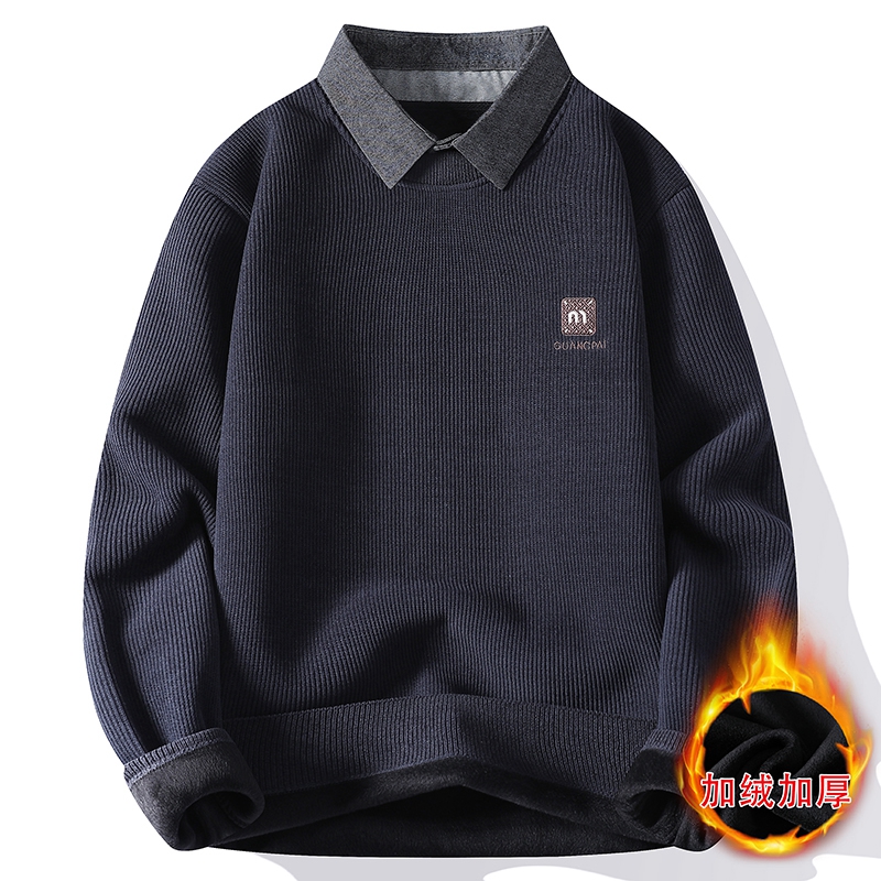 衬衫领针织衫男加绒加厚保暖毛衣