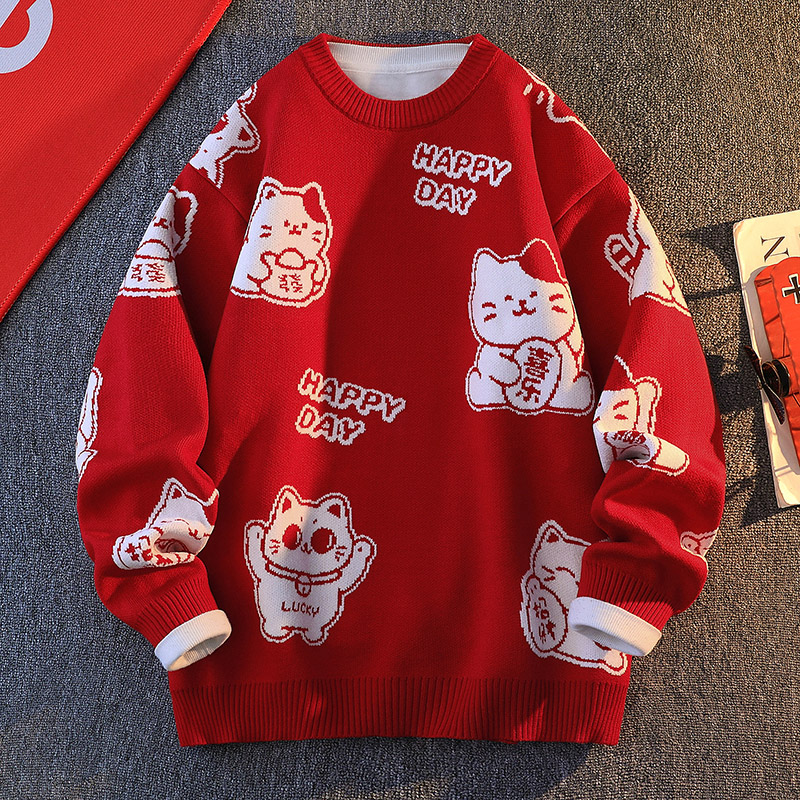 新年红色招财猫男圆领保暖毛衣男