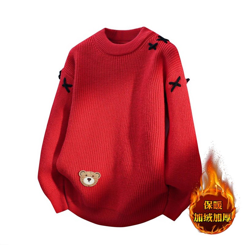 青年感男加绒保暖小熊刺绣毛衣男