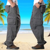新款 男多口袋男式 大码 春秋冬季 工装 长裤 休闲宽松直筒中老年男裤 子