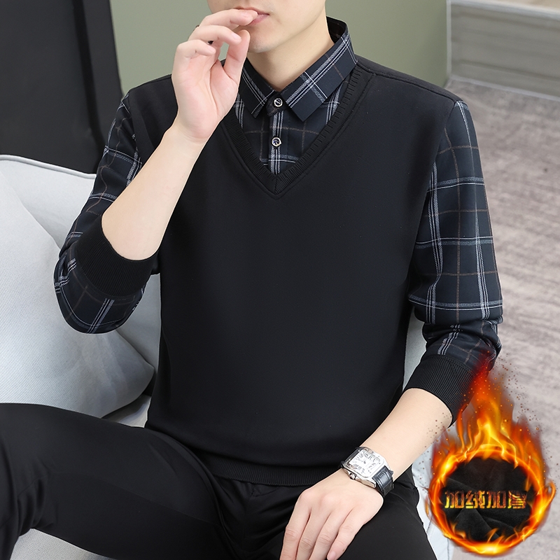 假两件衬衫领针织衫男加绒加厚