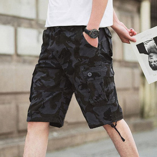 沙滩马裤 夏季 大码 男休闲宽松直筒迷彩七分裤 子 中青年纯棉五分短裤