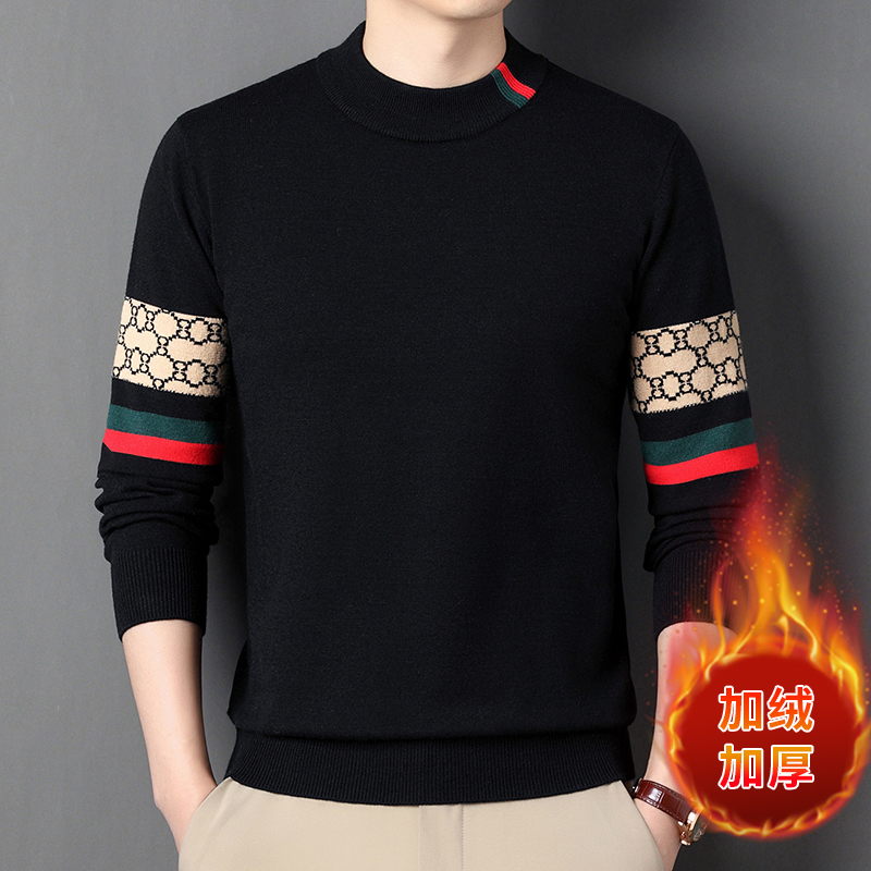 男士加绒加厚撞色条纹针织衫