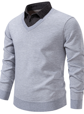 假两件衬衫领针织衫男灰色套头毛衣商务休闲男士毛衣