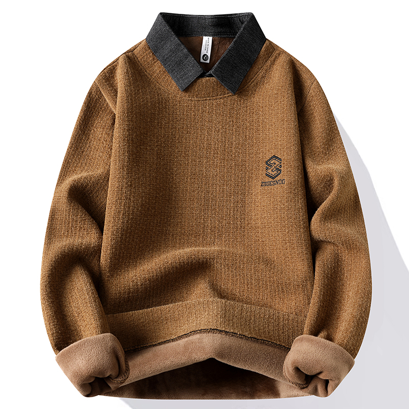衬衫领针织衫男假两件加绒加厚