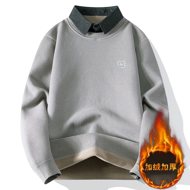 加绒衬衫领针织衫男士保暖