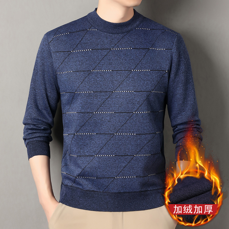 男士加绒加厚几何图案圆领毛衣